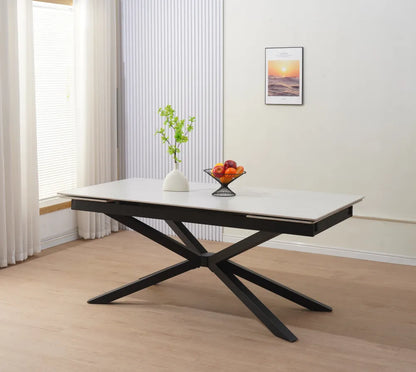 Table à manger extensible NANA Travertin pieds métal noir 180 à 260 cm 