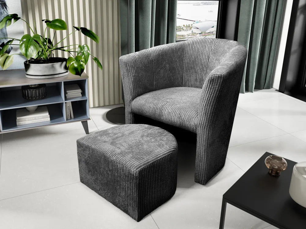 Fauteuil LINA en velours côtelé avec pouf #couleur_gris