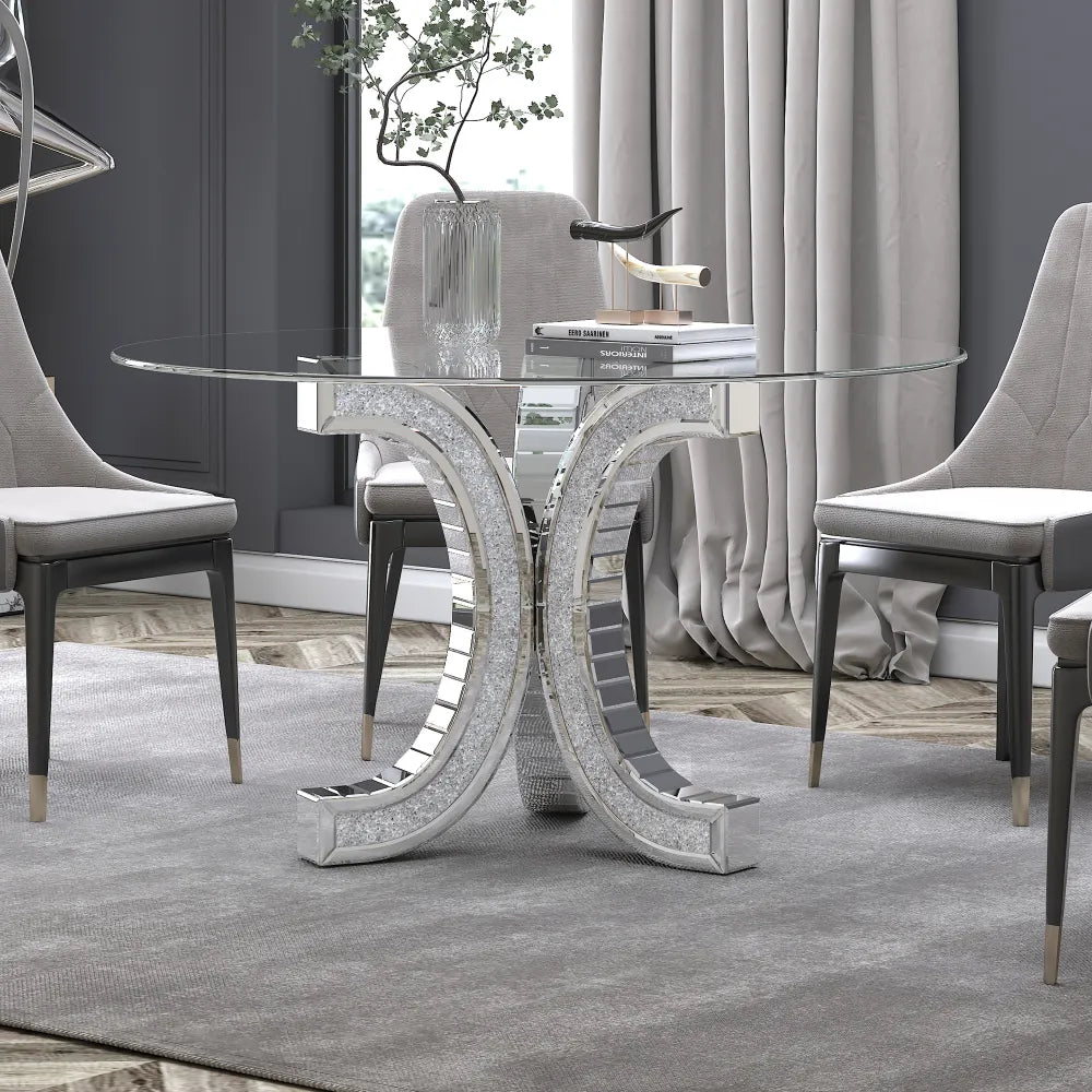 Table à Manger Ronde ECLAT 130 cm – Verre Transparent et Piètement Miroir Cristal