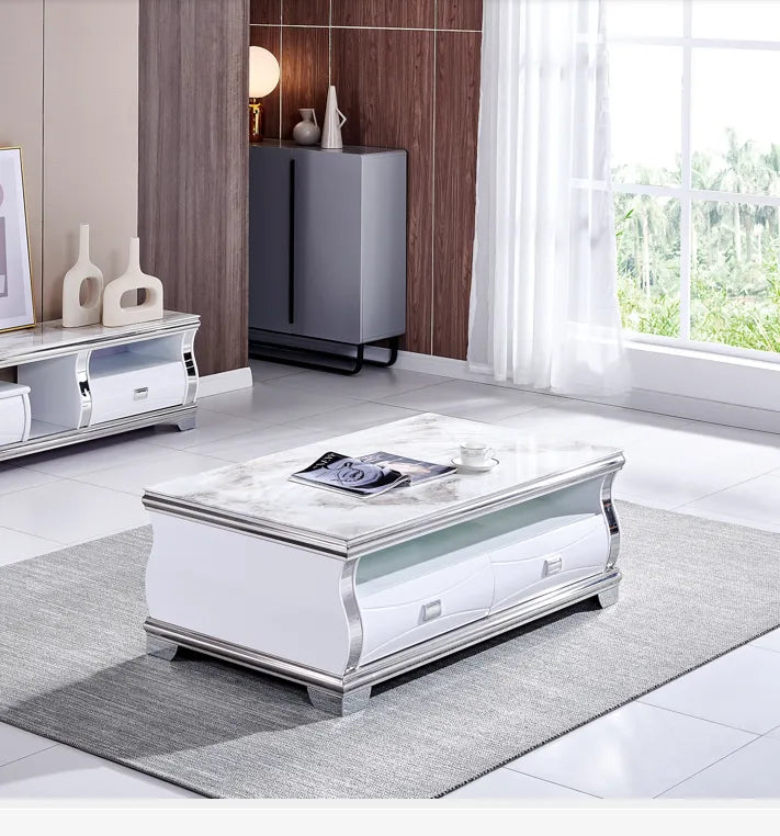 Table basse SARAH marbre beige avec 2 tiroirs
