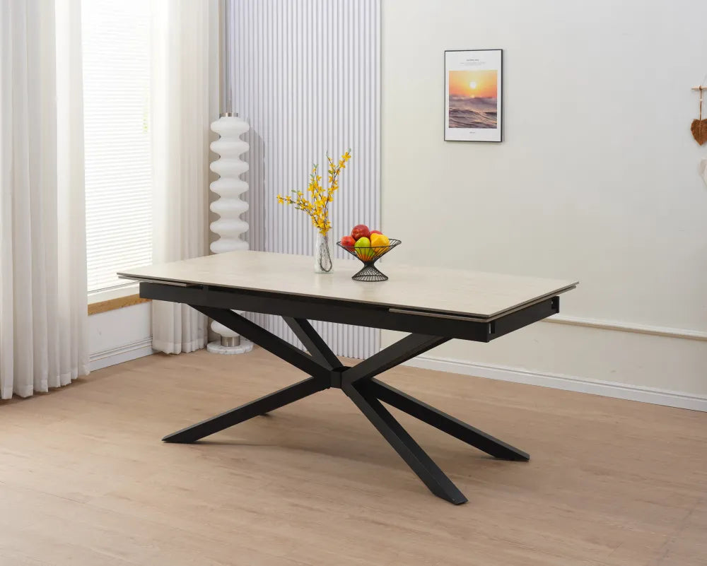 Table à manger extensible NANA Travertin pieds métal noir 180 à 260 cm #couleur_travertin
