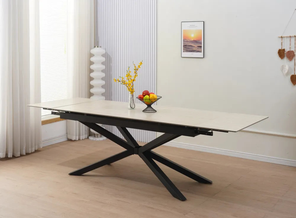 Table à manger extensible NANA Travertin pieds métal noir 180 à 260 cm #couleur_travertin