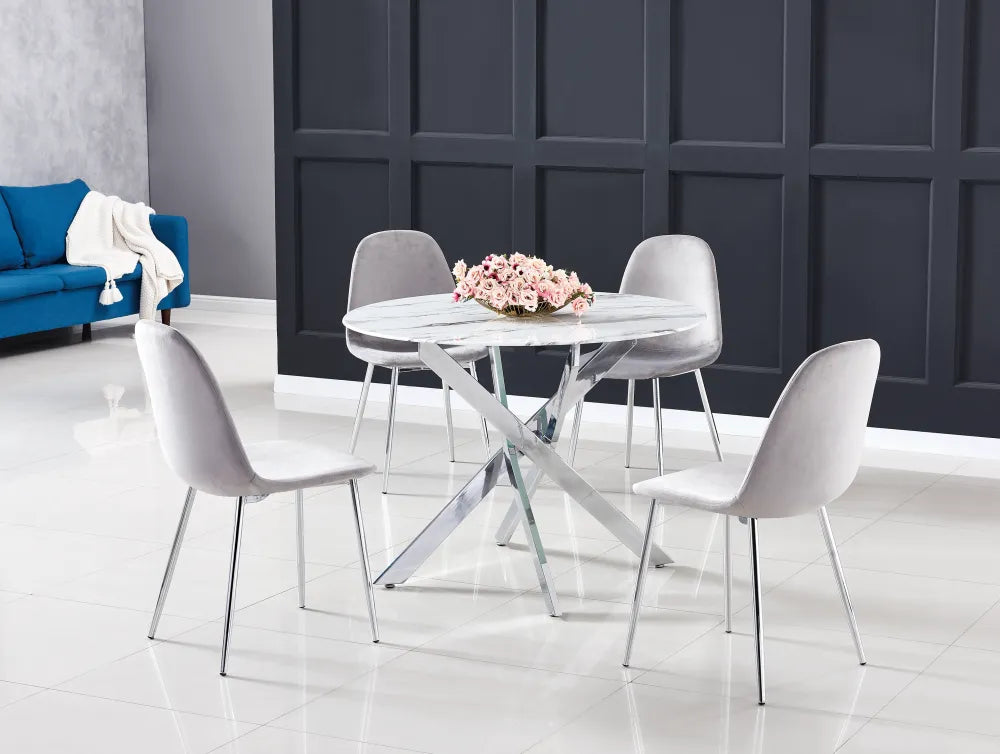 Table à manger ronde JESSICA pieds chrome Diamètre 120 cm #couleur_marbre-blanc