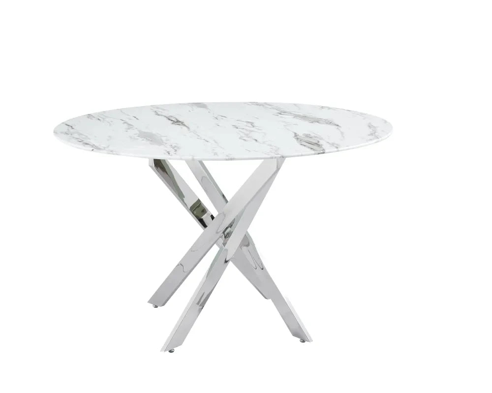 Table à manger ronde JESSICA pieds chrome Diamètre 120 cm #couleur_marbre-blanc