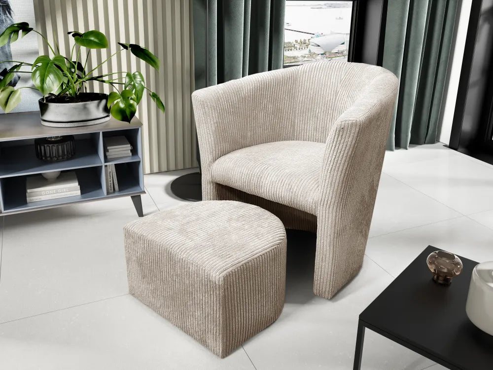 Fauteuil LINA en velours côtelé avec pouf #couleur_ecru