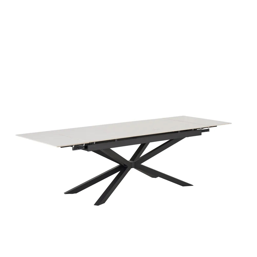 Table à manger extensible NANA Travertin pieds métal noir 180 à 260 cm #couleur_beige