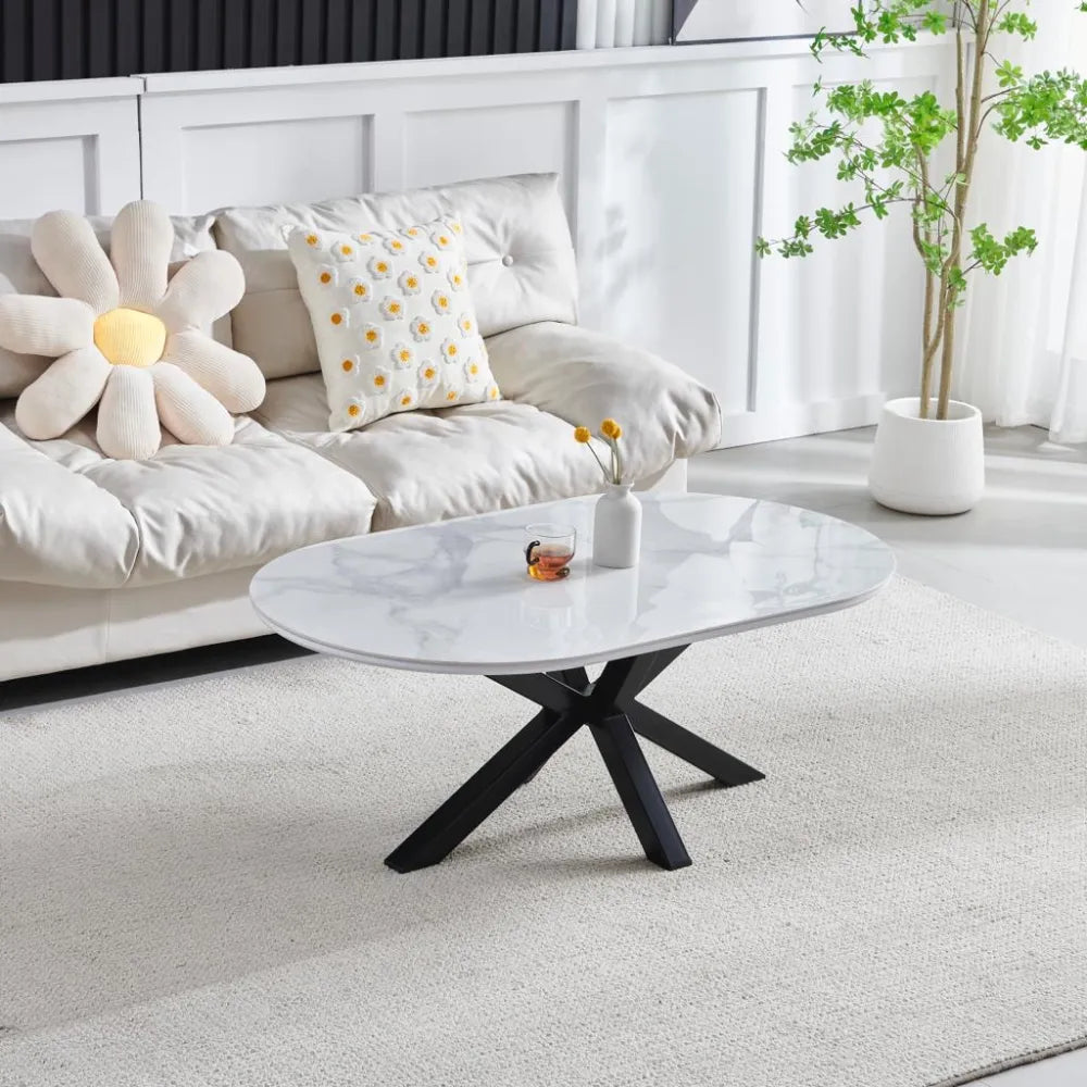 Table basse OPHELIA ovale en céramique pieds noir #couleur_marbre-blanc