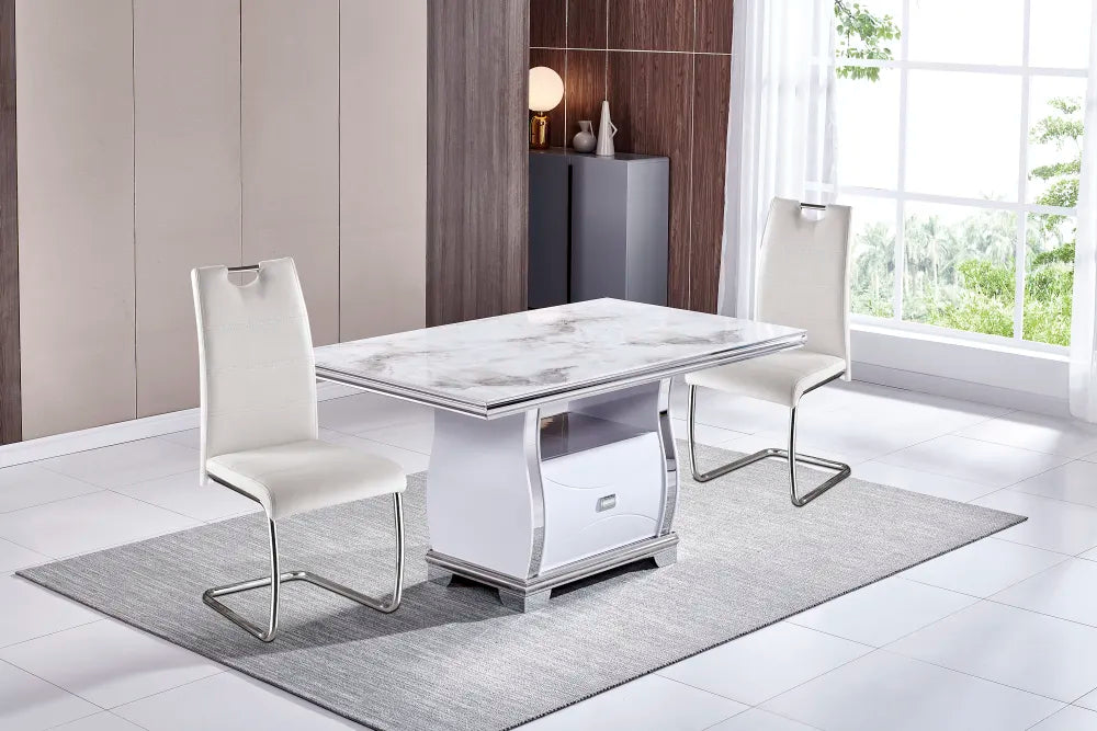 Table à manger SARAH avec tiroir blanc argent #couleur_marbre-beige