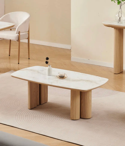 Table basse TRINITY céramique hêtre marbre beige 120cm