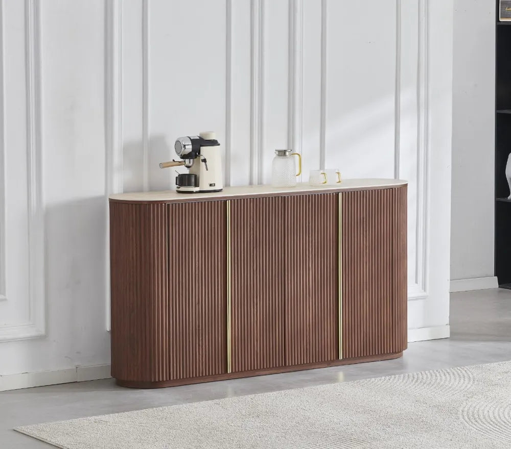 Buffet CALYPSO 4 portes plateau travertin céramique #couleur_noyer