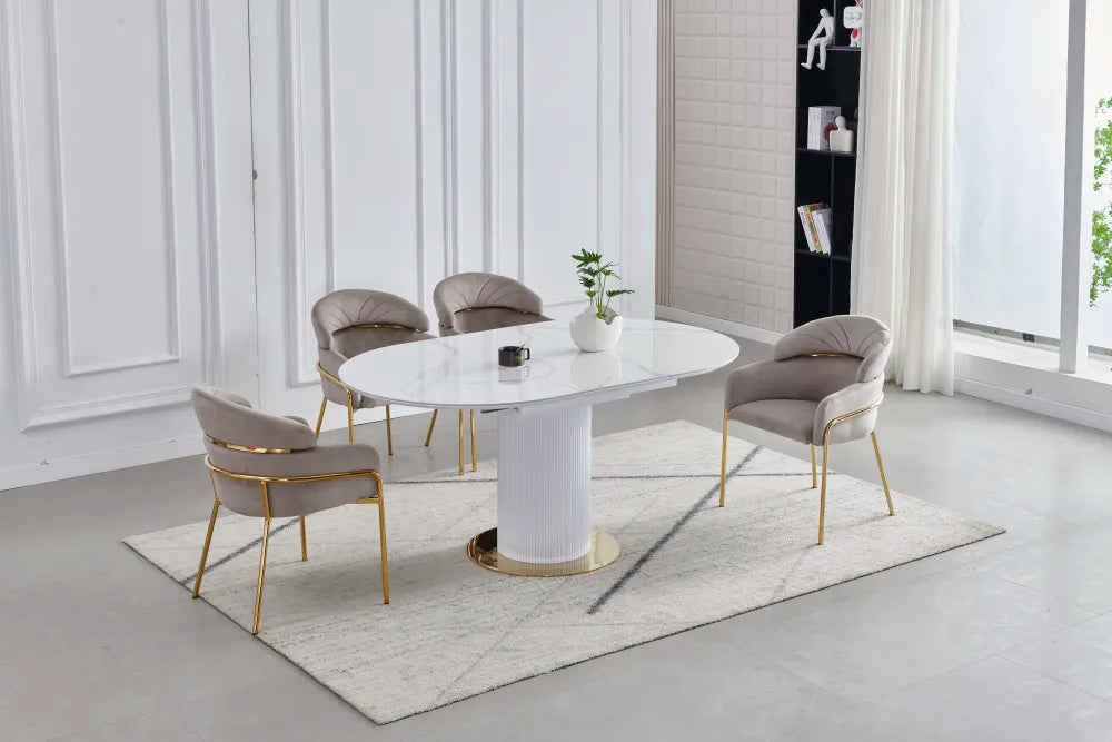 Table à manger extensible SOFIA en céramique marbre blanc 125 à 165 cm #couleur-des-pieds_gold