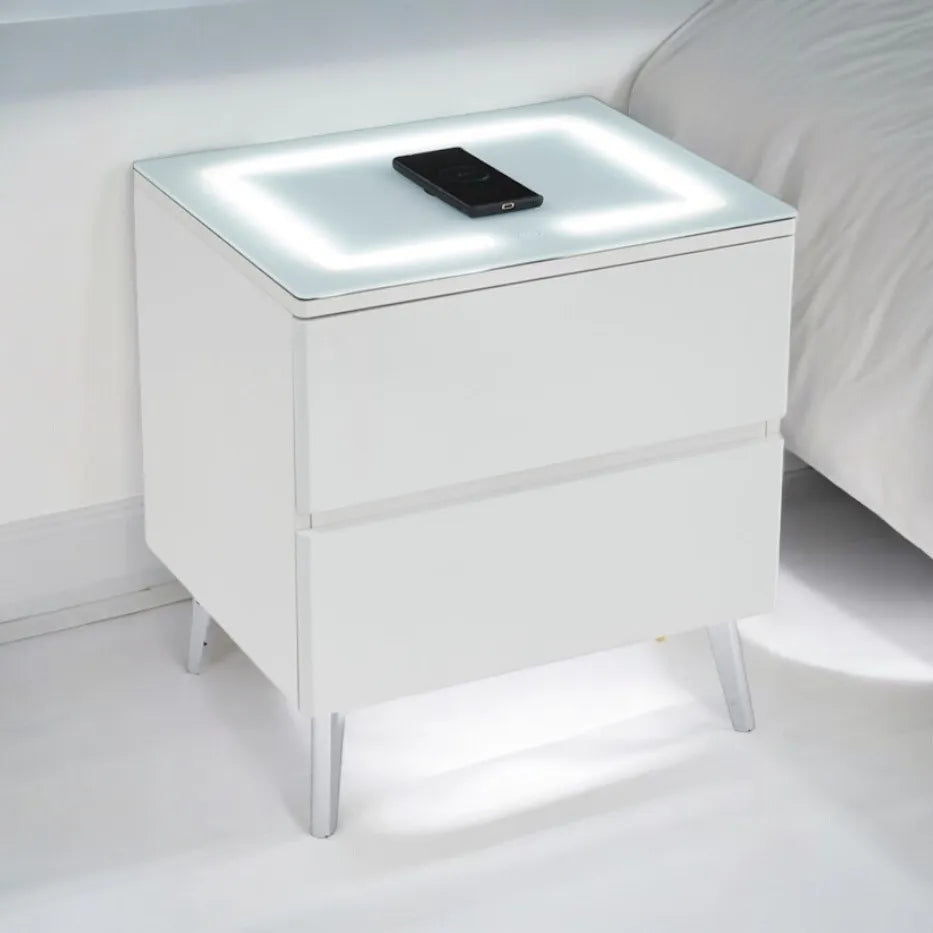 Chevet LYDIA LED avec chargeur induction bois mat pieds chrome