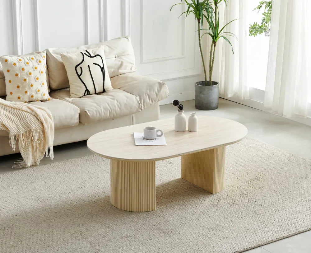 Table basse CALYPSO en céramique ovale #couleur_travertin