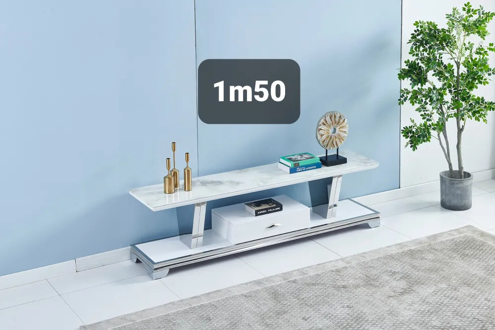 Meuble TV VERSUS chrome marbre blanc 1m50