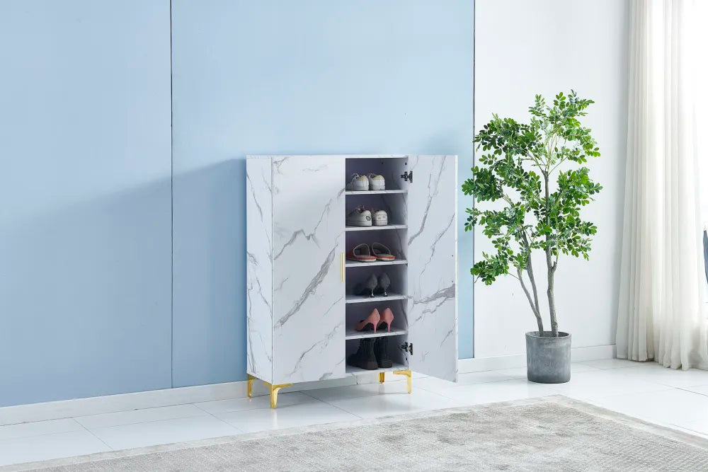 Meuble à chaussures effet marbre 2 portes avec 6 étagères #couleur_marbre-blanc