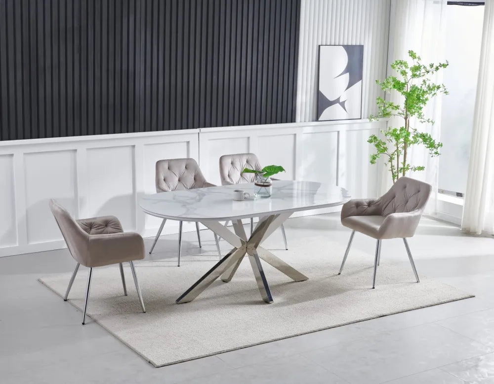 Table à manger FIONA pieds chrome 150 cm #couleur_marbre-blanc
