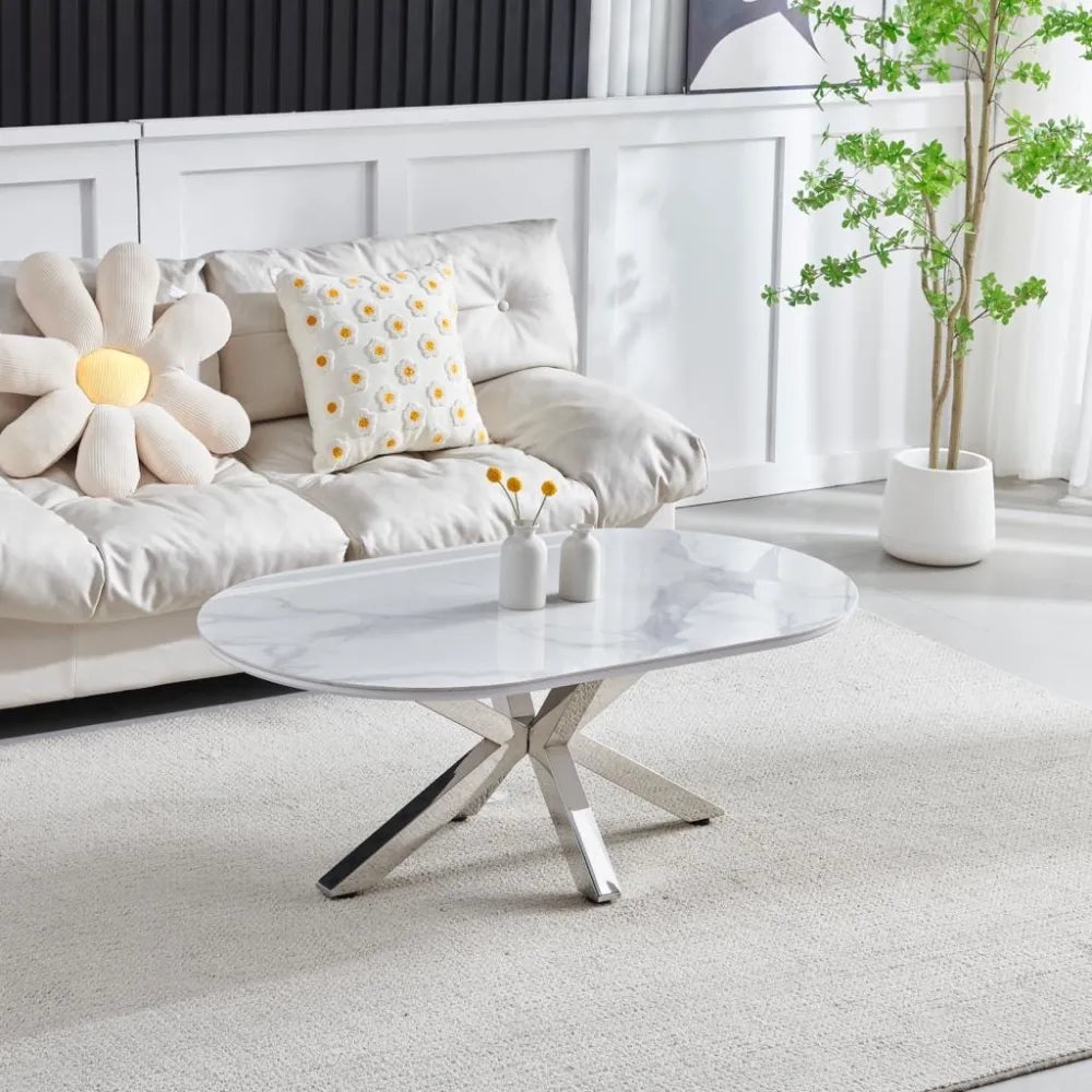 Table basse OPHELIA ovale en céramique pieds chrome #couleur_marbre-blanc