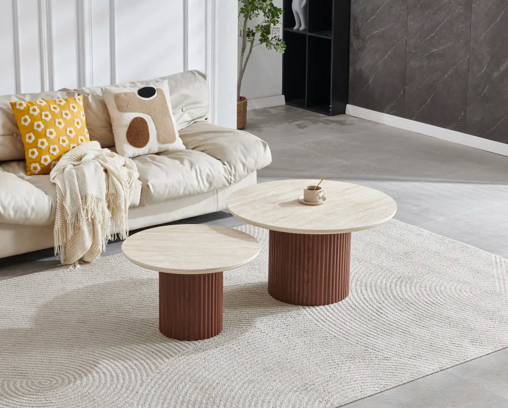 Tables basses gigogne DUO PILA en céramique #couleur_noyer-travertin