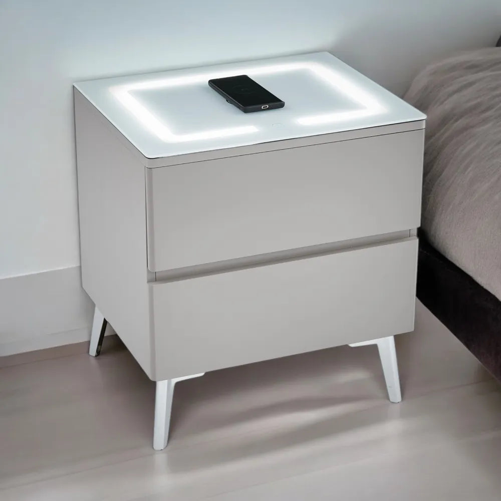 Chevet LYDIA LED avec chargeur induction bois mat pieds chrome