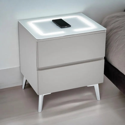 Chevet LYDIA LED avec chargeur induction bois mat pieds chrome