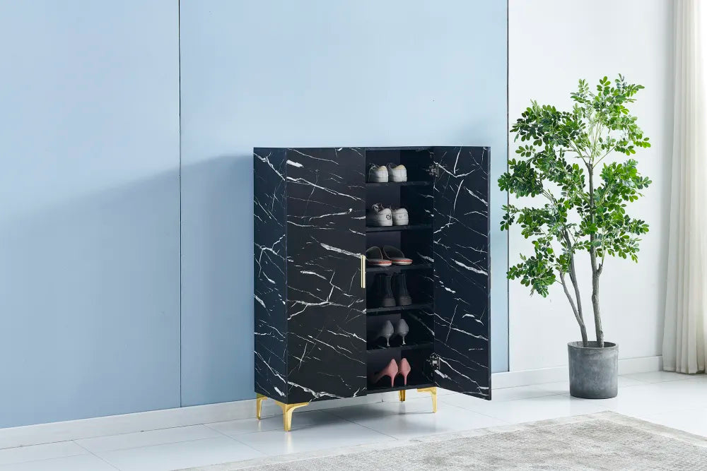 Meuble à chaussures effet marbre 2 portes avec 6 étagères #couleur_marbre-noir