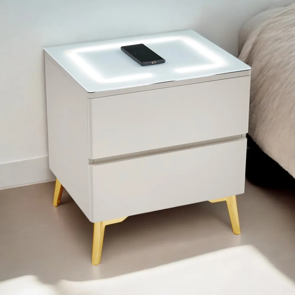 Chevet LYDIA LED avec chargeur induction bois mat pieds gold