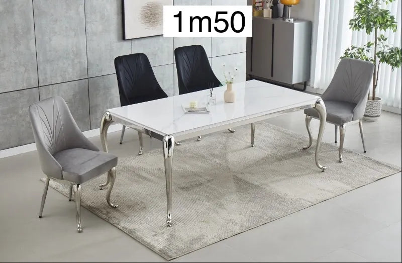 Table à manger BAROKA en céramique chrome marbre blanc 150 cm