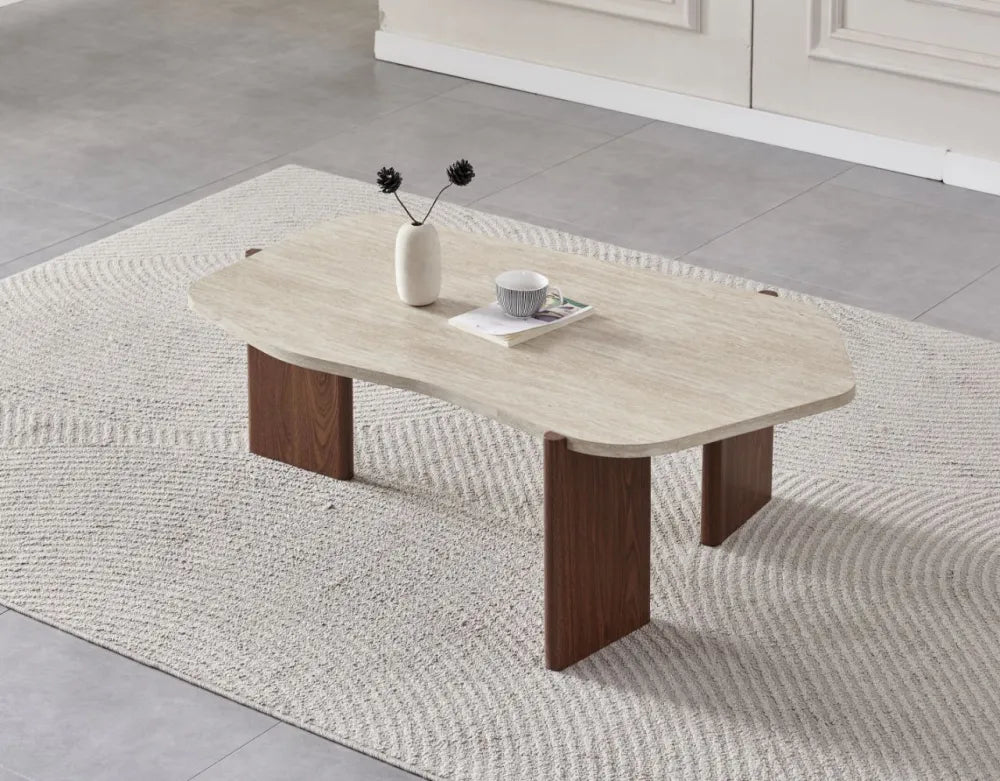 TABLE BASSE ZORA EFFET TRAVERTIN PIED NOYER 120cm