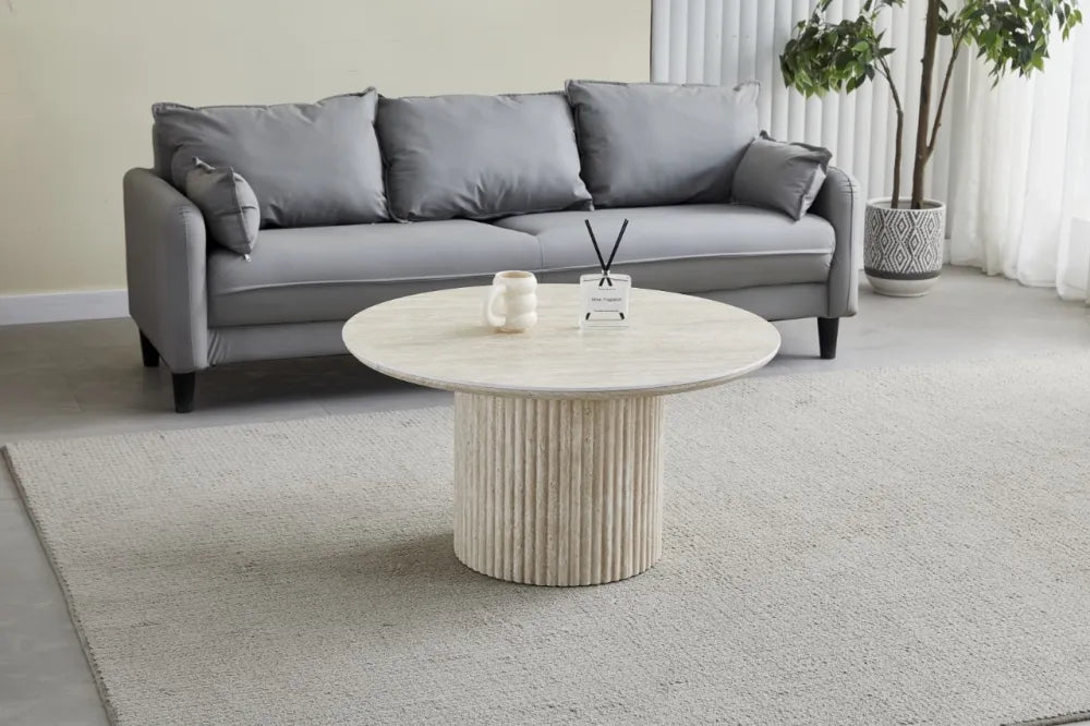 Table basse CALYPSO en céramique ronde travertin