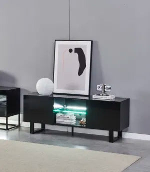 Meuble TV ALYA en bois laqué pieds métal noir 150x40x58 cm #couleur_noir
