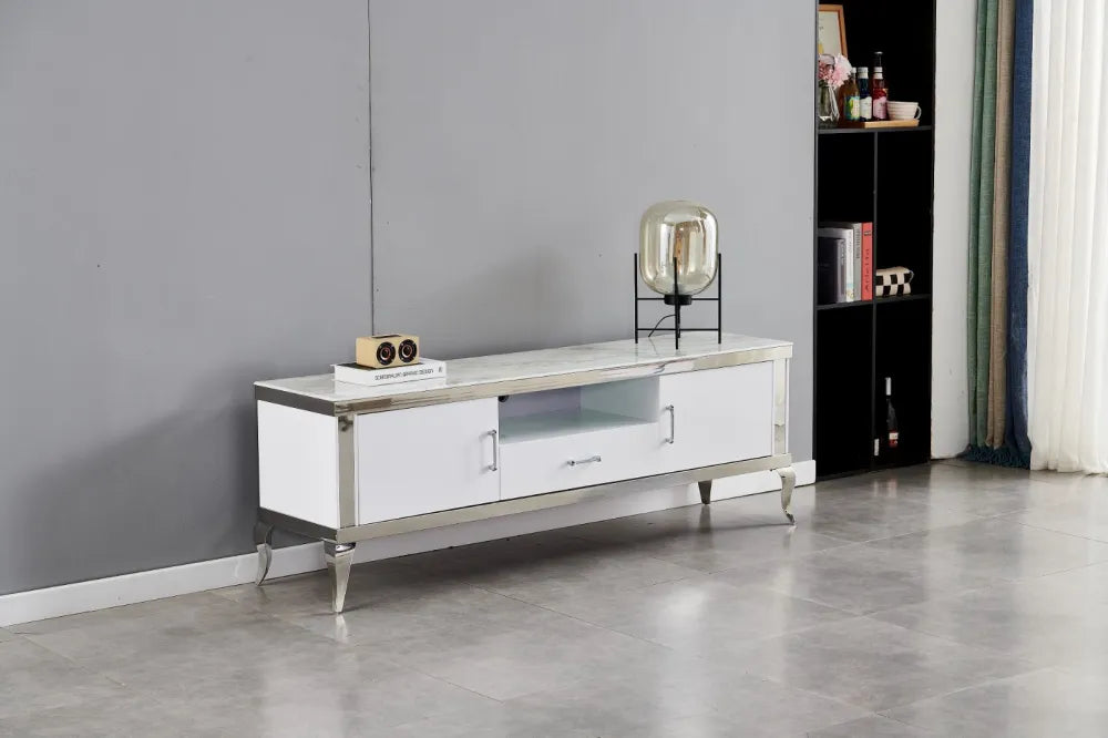 Meuble TV BAROQUE chrome avec rangements