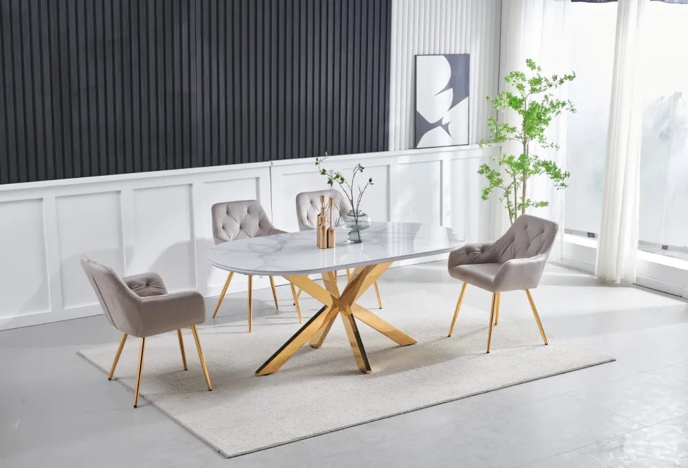 Table à manger OPHELIA pieds gold plateau céramique #couleur_marbre-gris