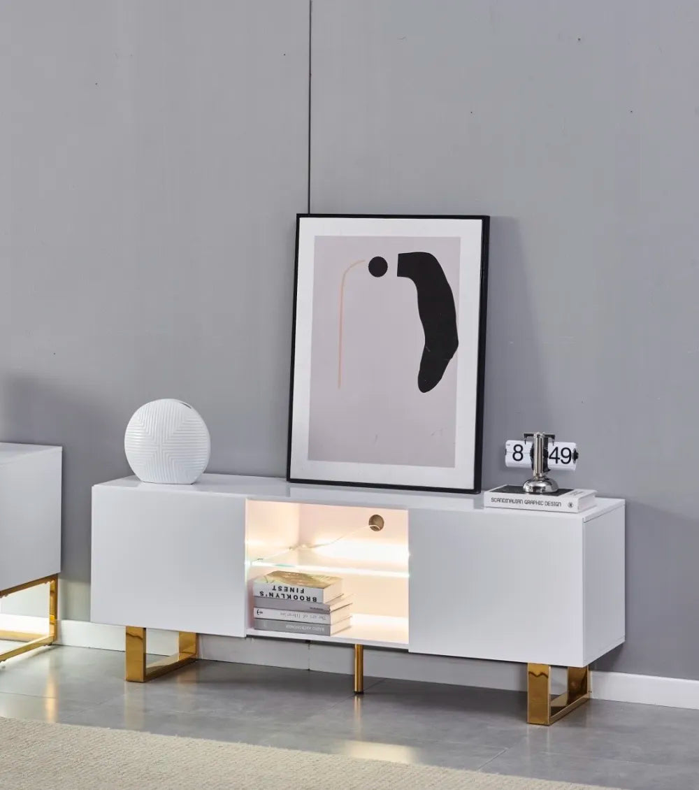 Meuble TV ALYA en bois laqué pieds gold 150x40x58 cm #couleur_blanc