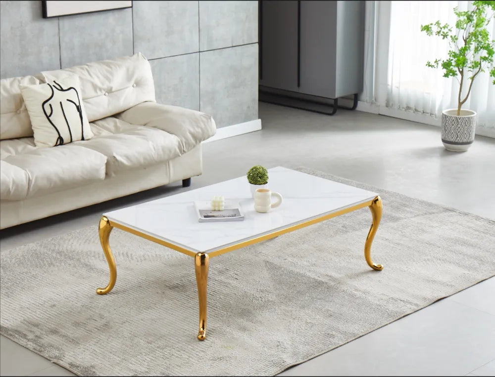 Table basse BAROKA en céramique marbre blanc #couleur_gold