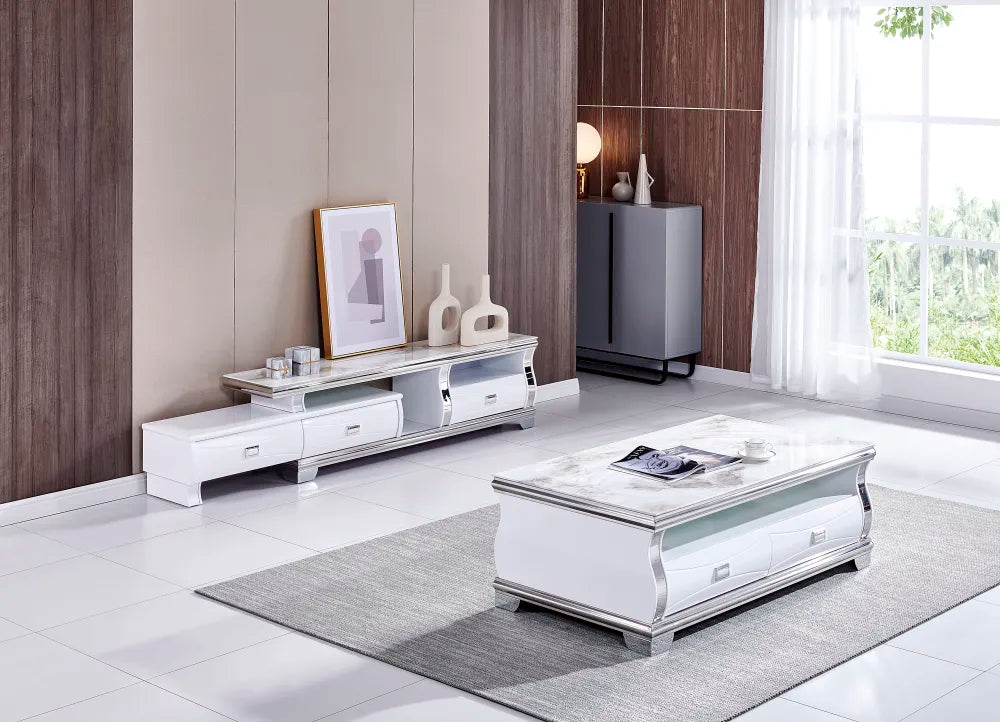 Table basse SARAH marbre beige avec 2 tiroirs