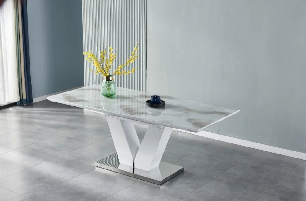 Table extensible VEL effet marbre beige 160-200 cm #couleur_chrome
