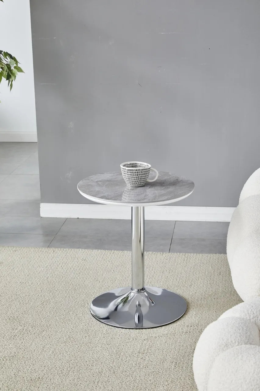Guéridon GOYA en céramique pieds chrome #couleur_marbre-gris