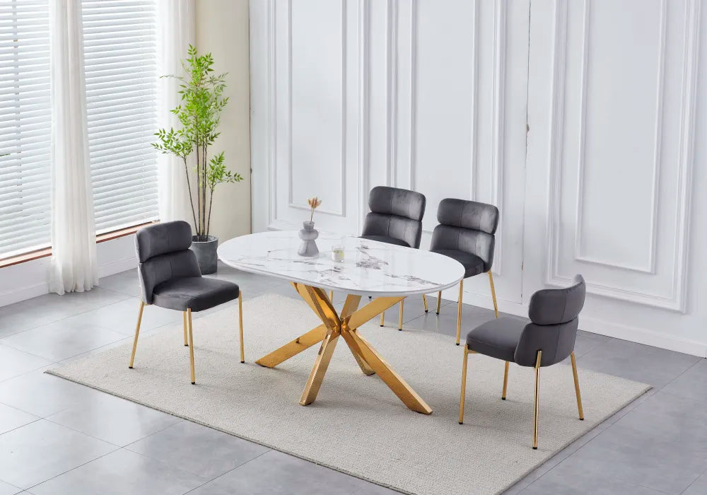 Table à manger OPHELIA pieds gold plateau céramique #couleur_marbre-blanc