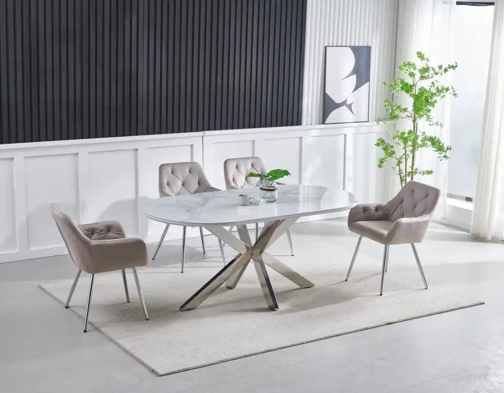 Table à manger FIONA pieds chrome plateau céramique 150 cm #couleur_marbre-gris