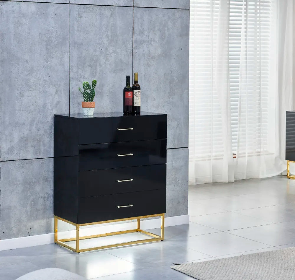 Commode 4 tiroirs ALYA laqué pieds gold #couleur_noir