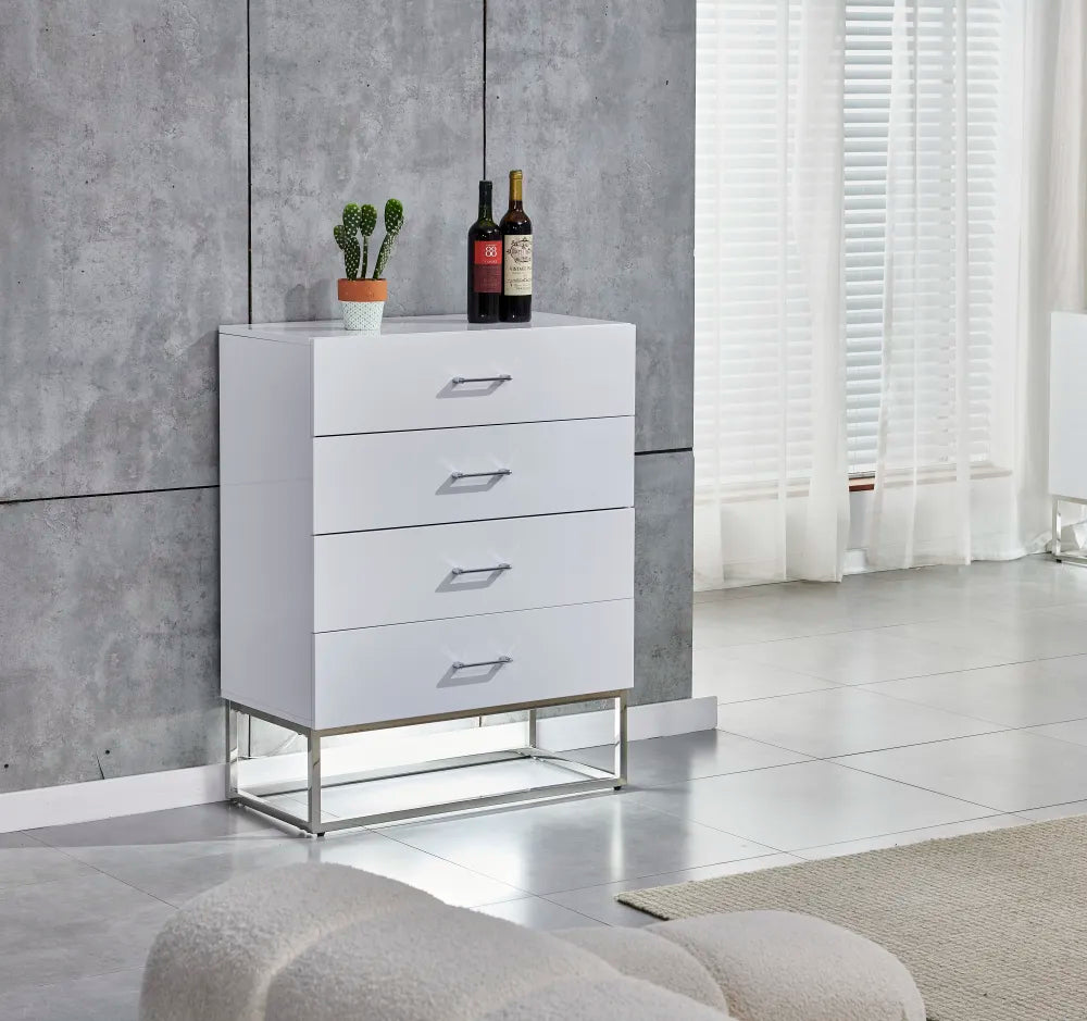 Commode 4 tiroirs ALYA laqué pieds chrome #couleur_blanc