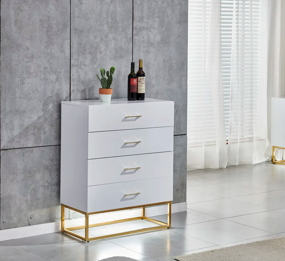 Commode 4 tiroirs ALYA laqué pieds gold #couleur_blanc