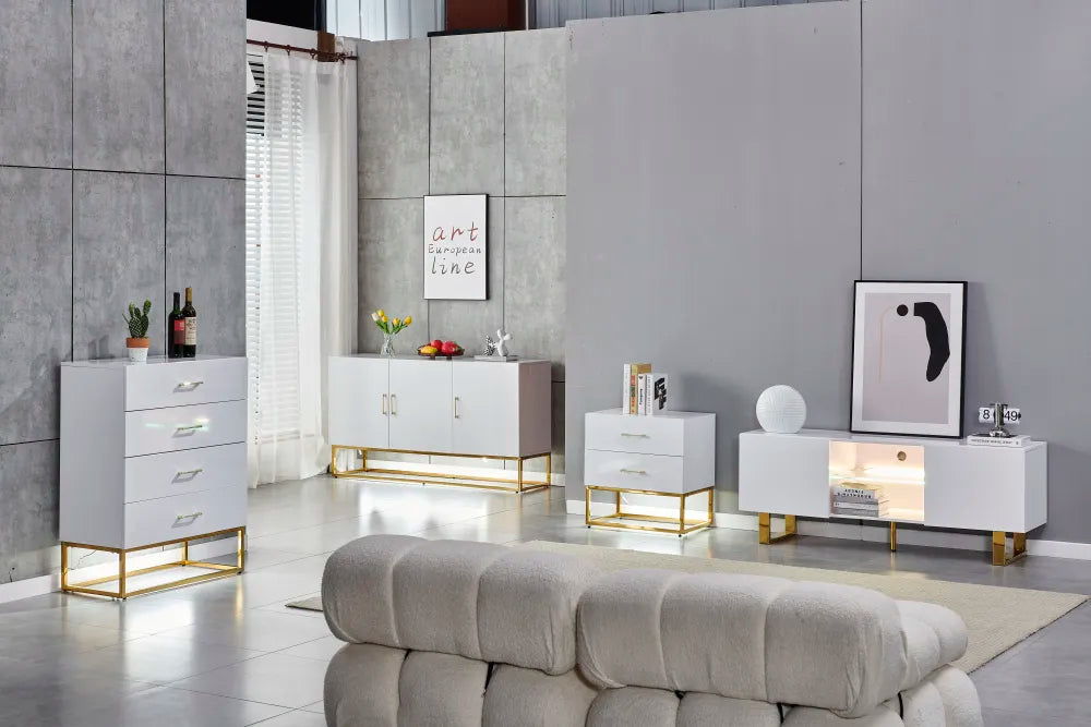 Chevet 2 tiroirs ALYA en bois laqué pieds gold #couleur_blanc