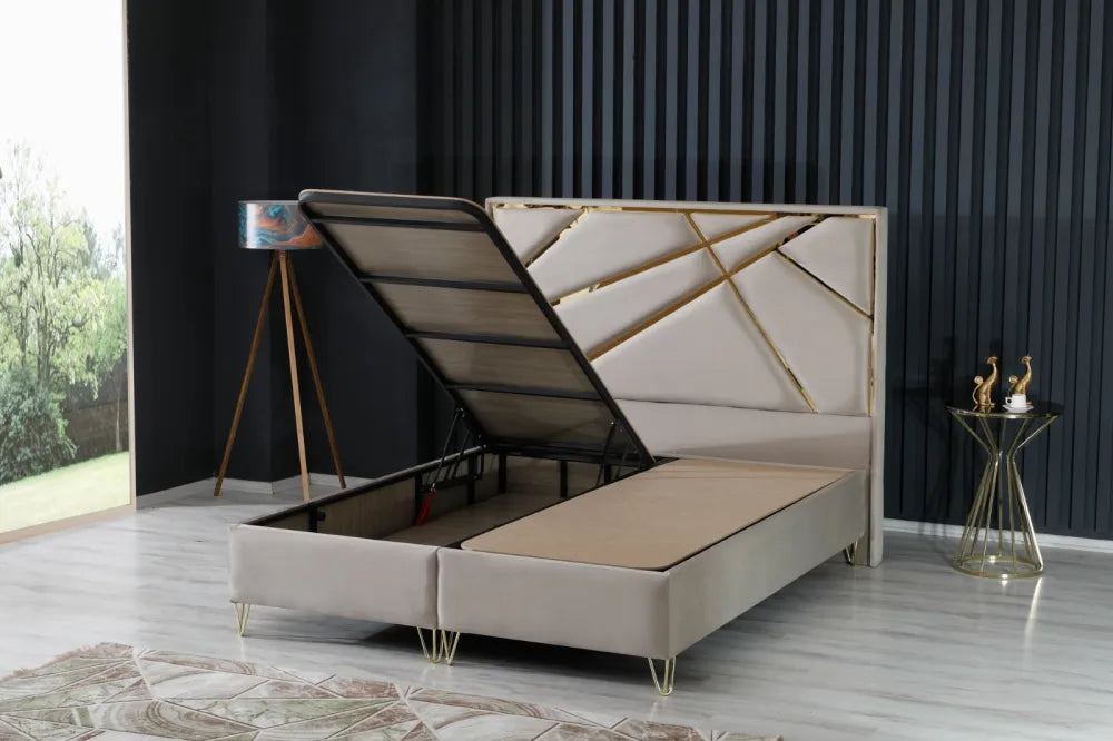 Lit coffre 160x200 RESITAL velours #couleur_beige-dore