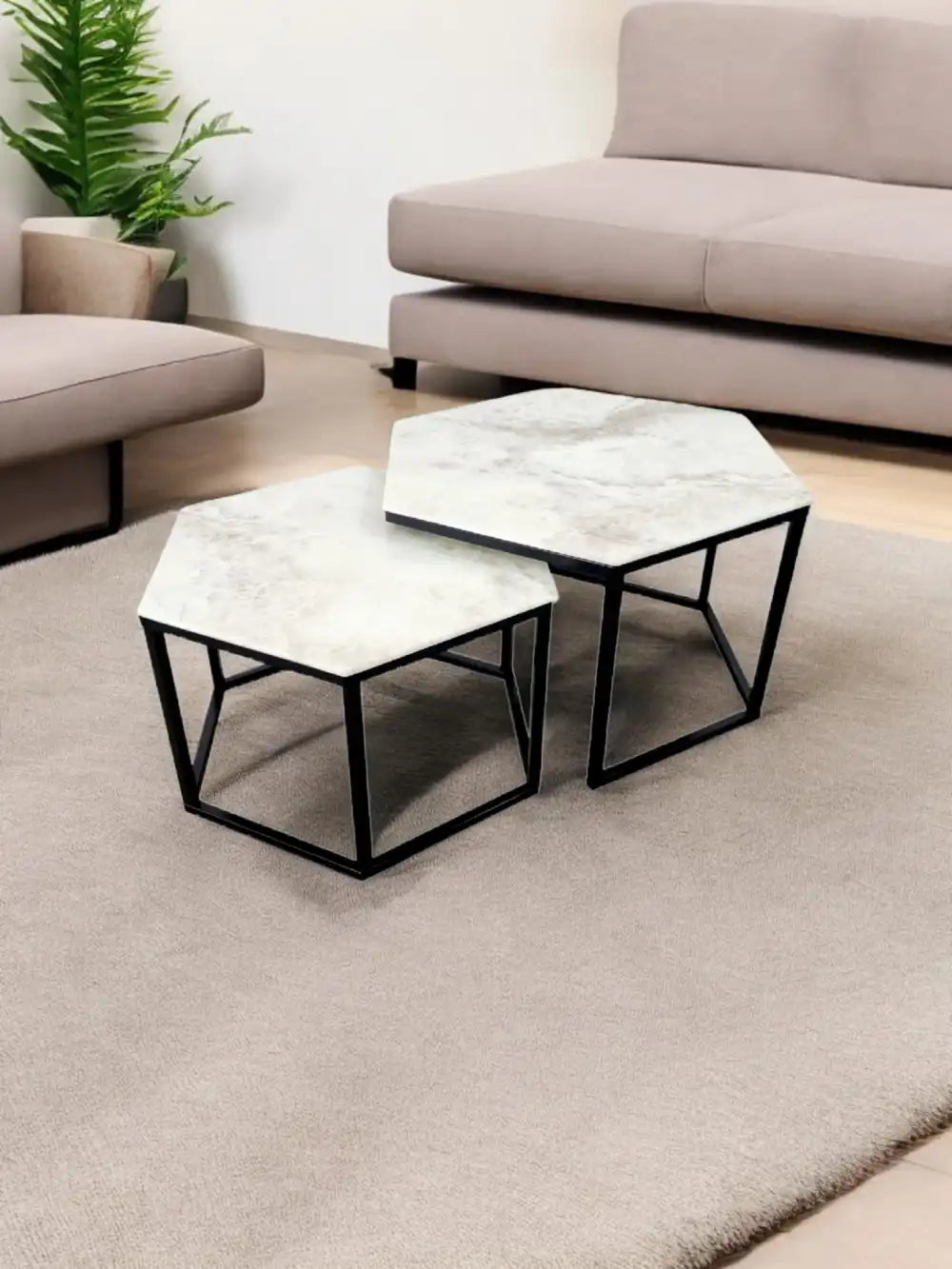 Tables basses gigogne HEXAGONE pieds noir #couleur_marbre-blanc