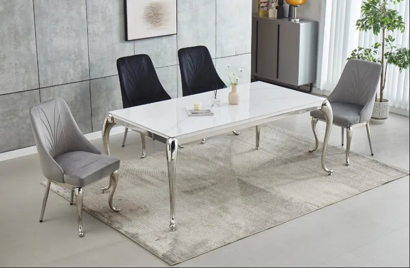 Table à manger BAROKA en céramique chrome marbre blanc 150 cm