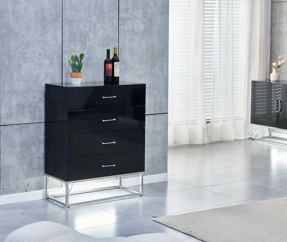 Commode 4 tiroirs ALYA laqué pieds chrome #couleur_noir