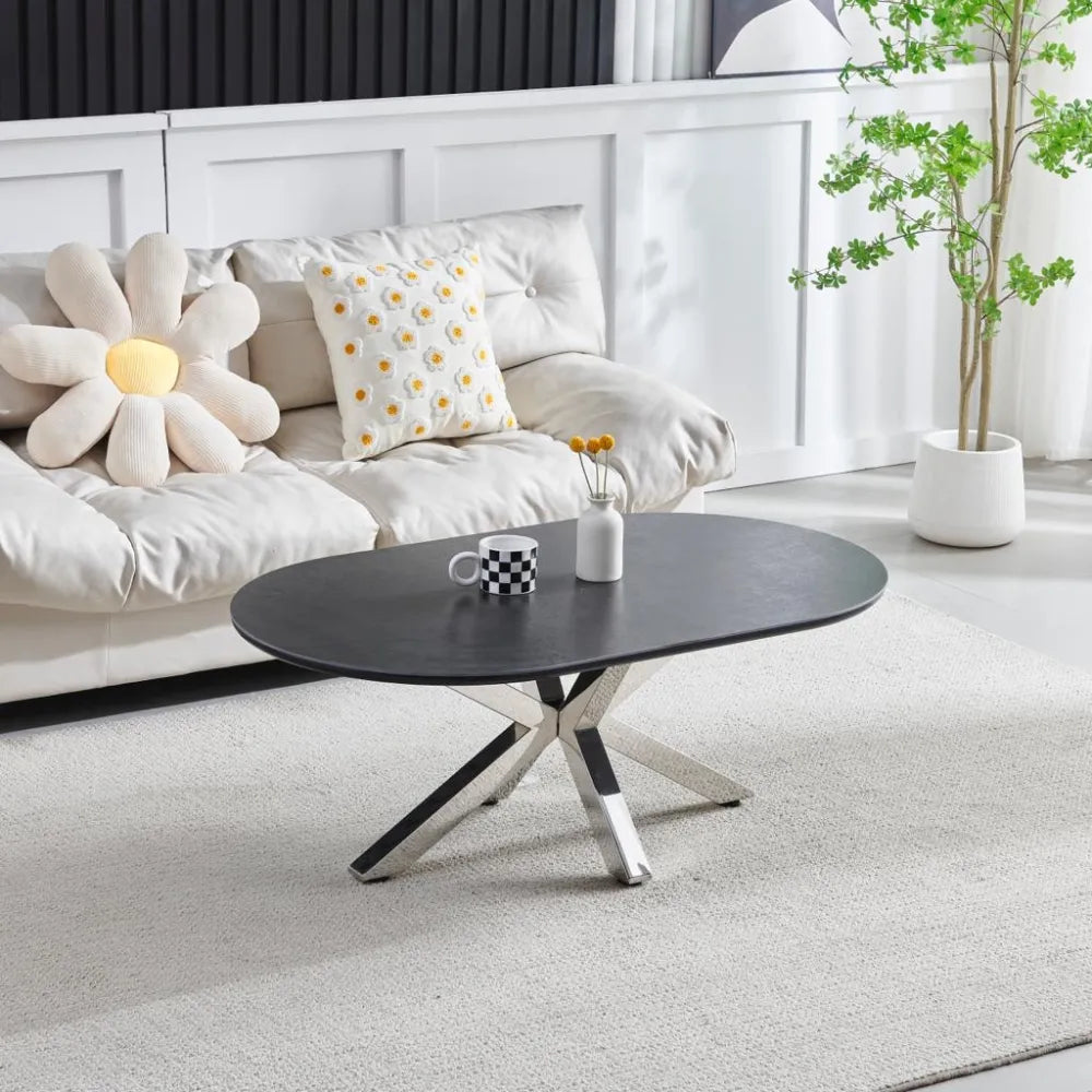 Table basse OPHELIA ovale en céramique pieds chrome #couleur_noir