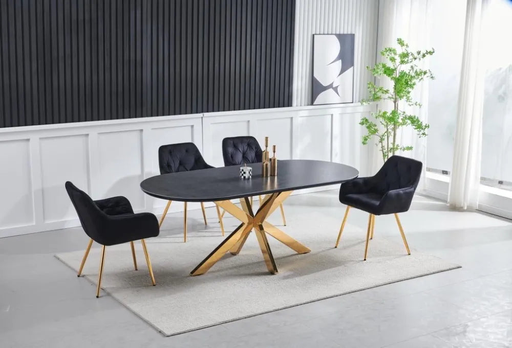 Table à manger OPHELIA pieds gold plateau céramique 180 cm #couleur_noir