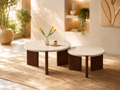 TABLE BASSE DUO ZORA EFFET TRAVERTIN PIED NOYER